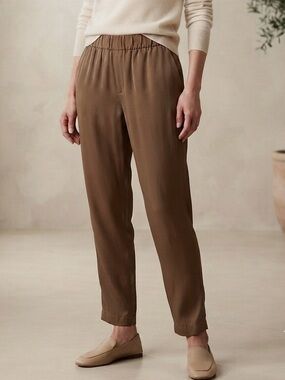 Elizabeth Suzann Sz L 100% Silk Brown Relaxed Tapered Leg Pants
